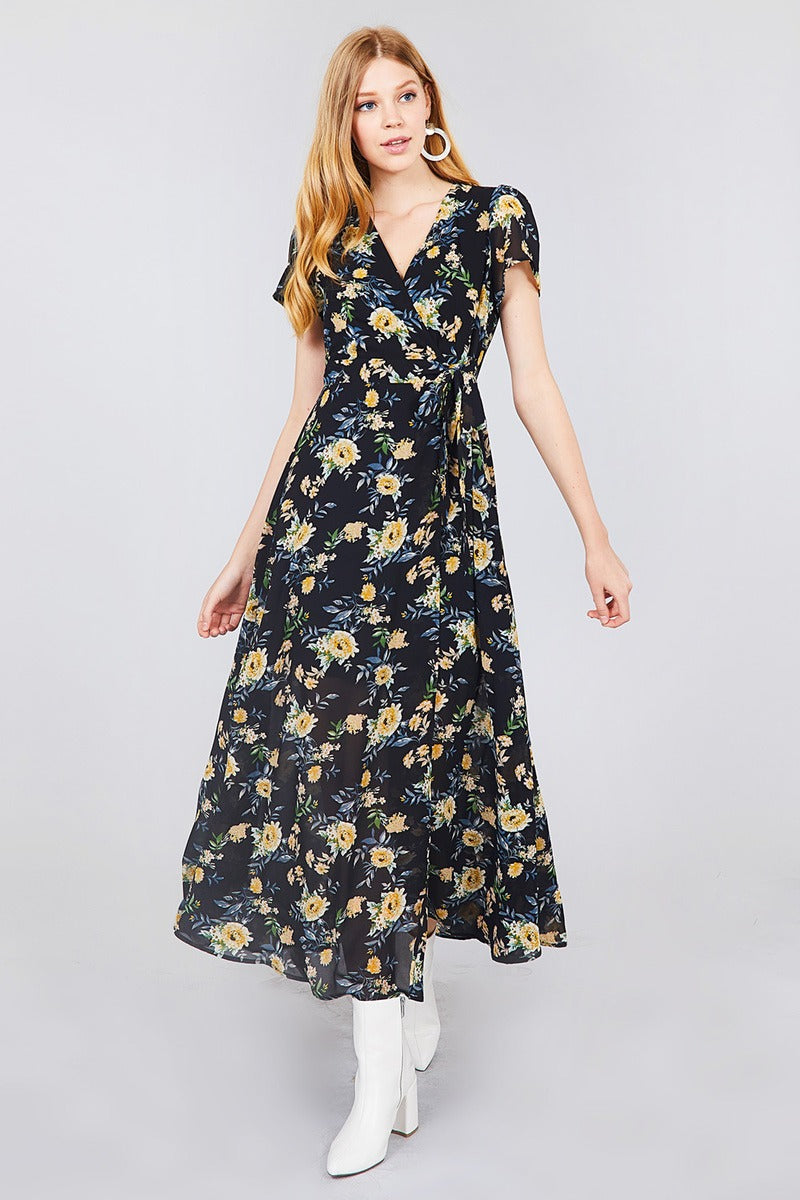 Short Sleeve V-neck Wrapped W/bow Tie Floral Print Maxi Dress