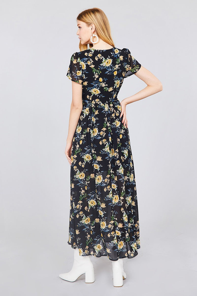 Short Sleeve V-neck Wrapped W/bow Tie Floral Print Maxi Dress