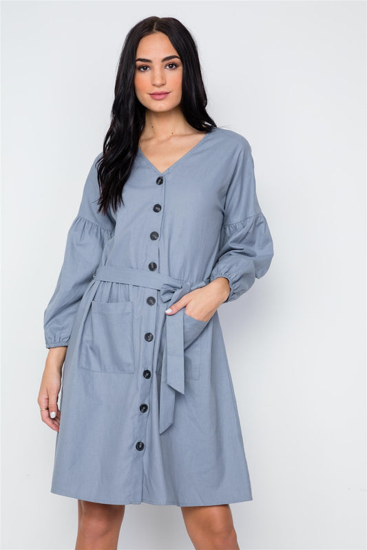 Button Down Solid Boho Self Tie Dress