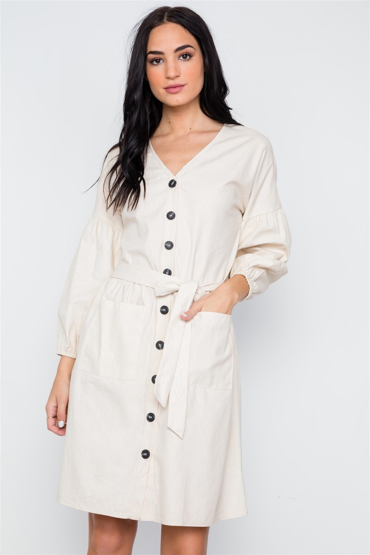 Button Down Solid Boho Self Tie Dress