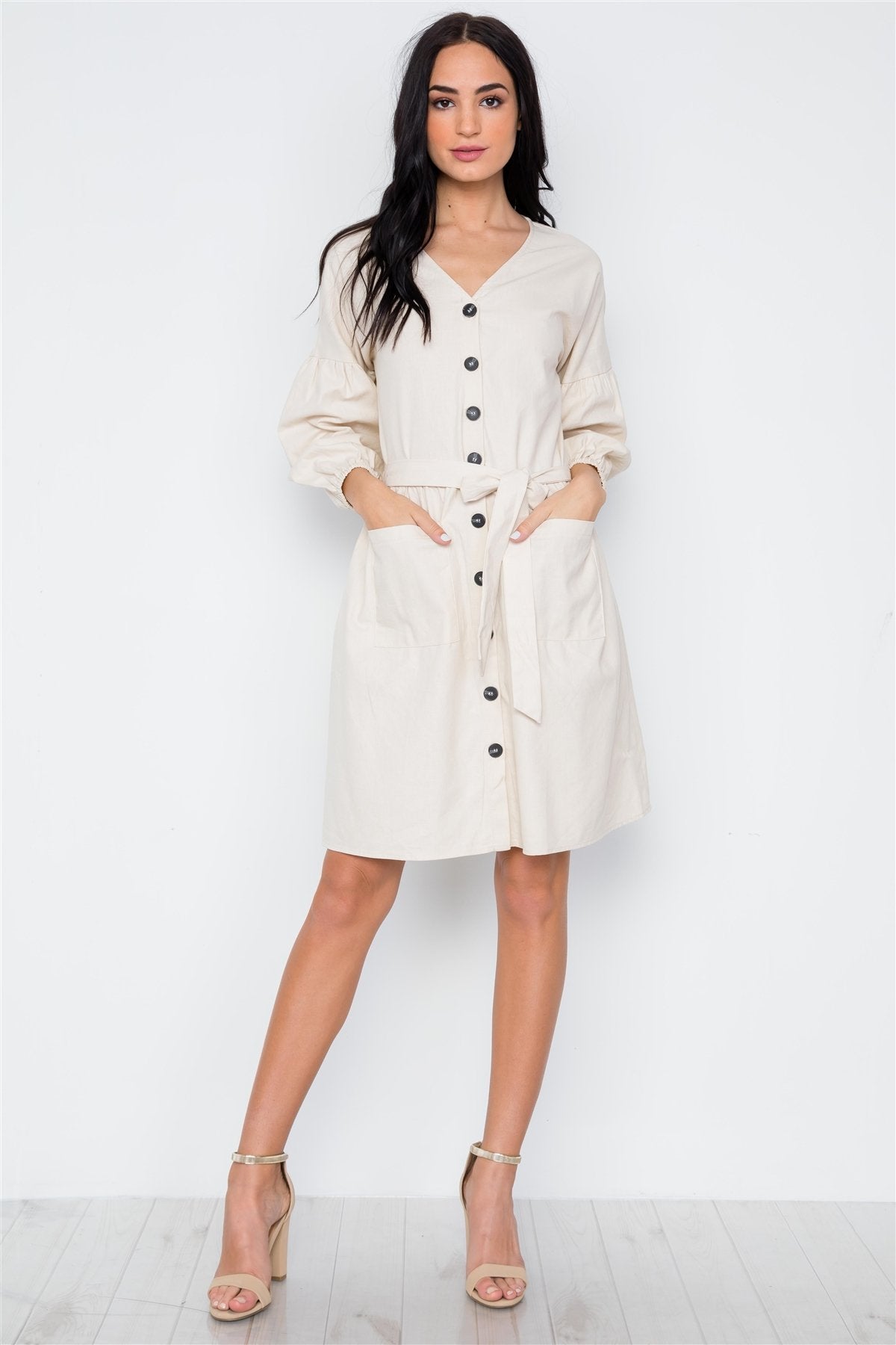 Button Down Solid Boho Self Tie Dress