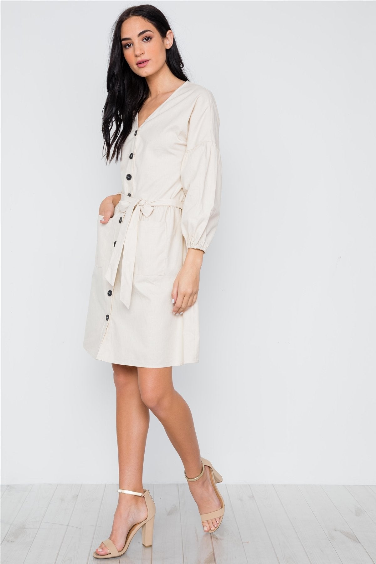 Button Down Solid Boho Self Tie Dress