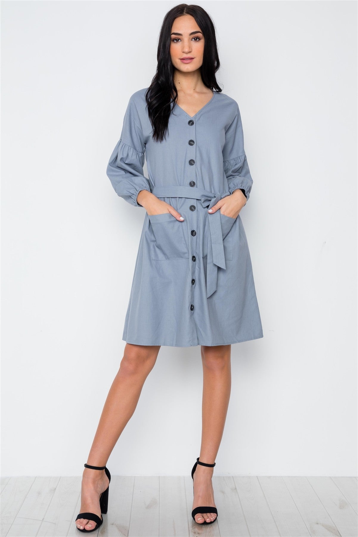 Button Down Solid Boho Self Tie Dress