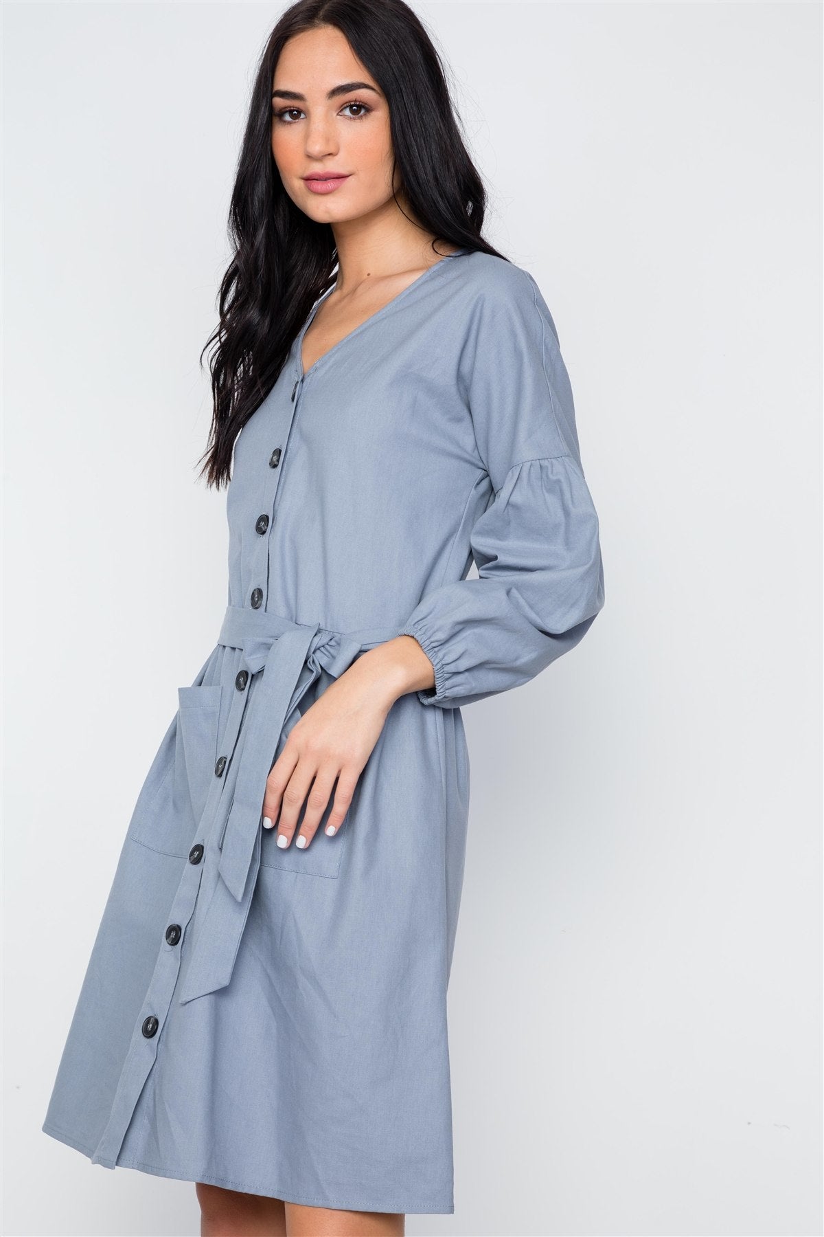Button Down Solid Boho Self Tie Dress