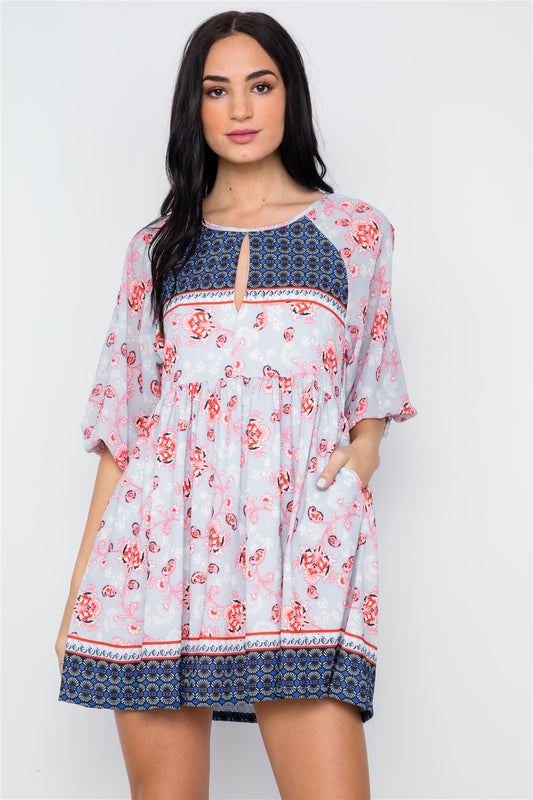 Multi Grey Paisley Boho Mini Dress