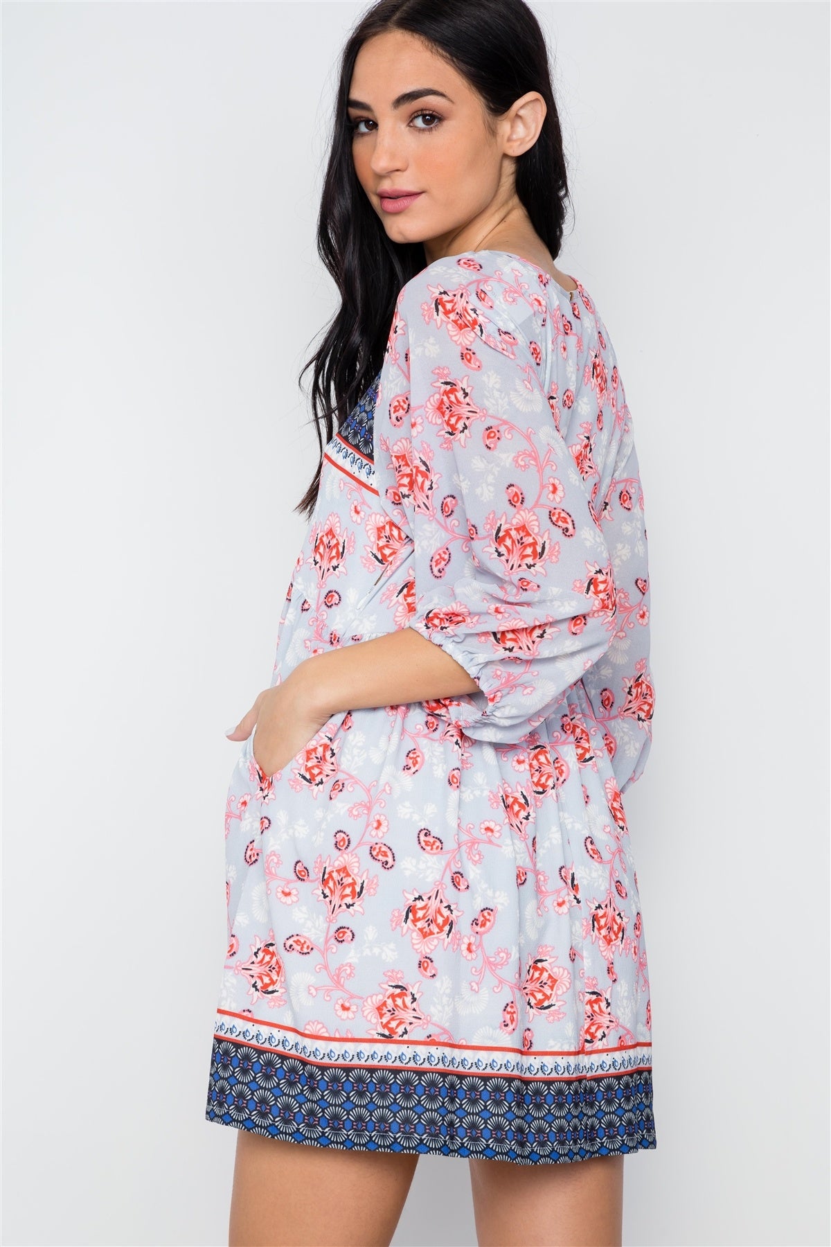 Multi Grey Paisley Boho Mini Dress