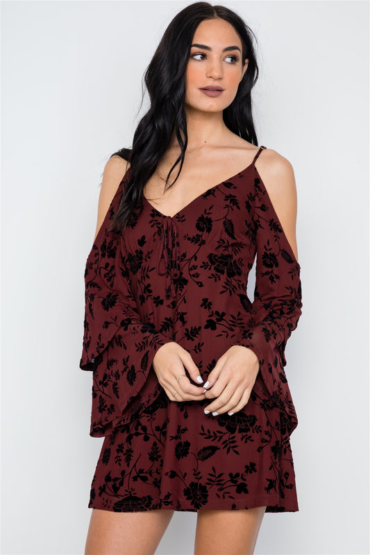 Wine Burnout Velvet Cold Shoulder Tiered Bell Sleeve Mini Dress