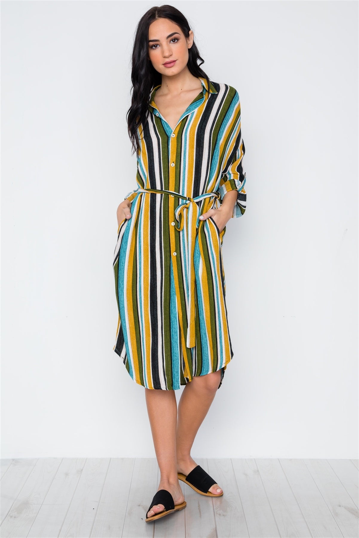 Black Mustard Olive Multi Stripe Button Down Shirt Dress