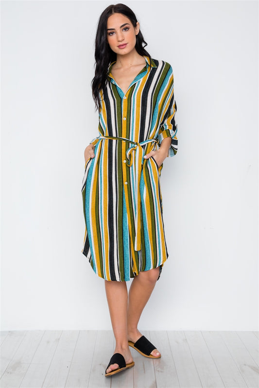 Black Mustard Olive Multi Stripe Button Down Shirt Dress