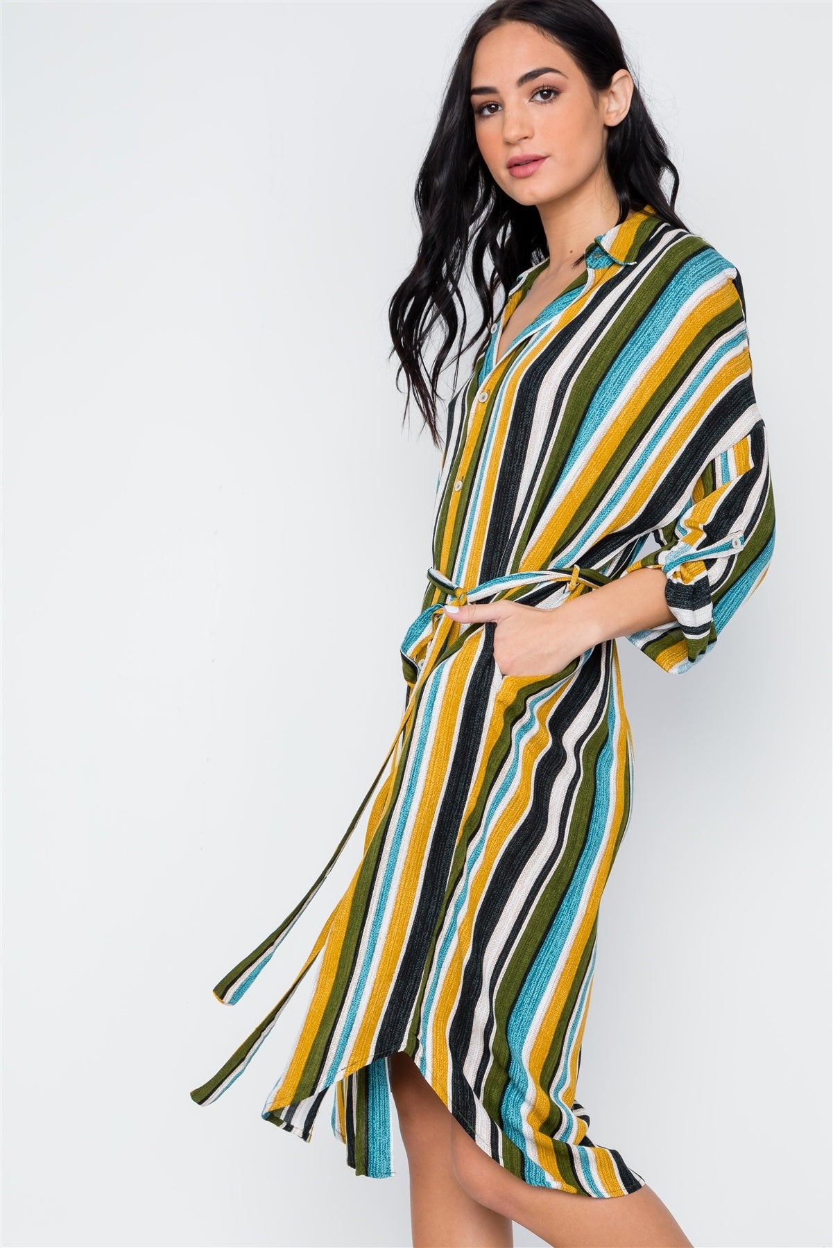 Black Mustard Olive Multi Stripe Button Down Shirt Dress