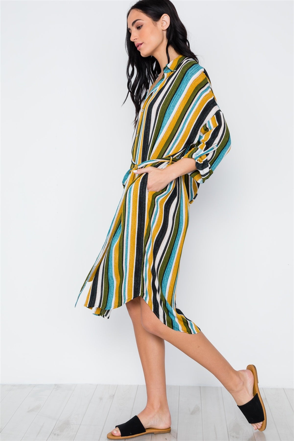 Black Mustard Olive Multi Stripe Button Down Shirt Dress