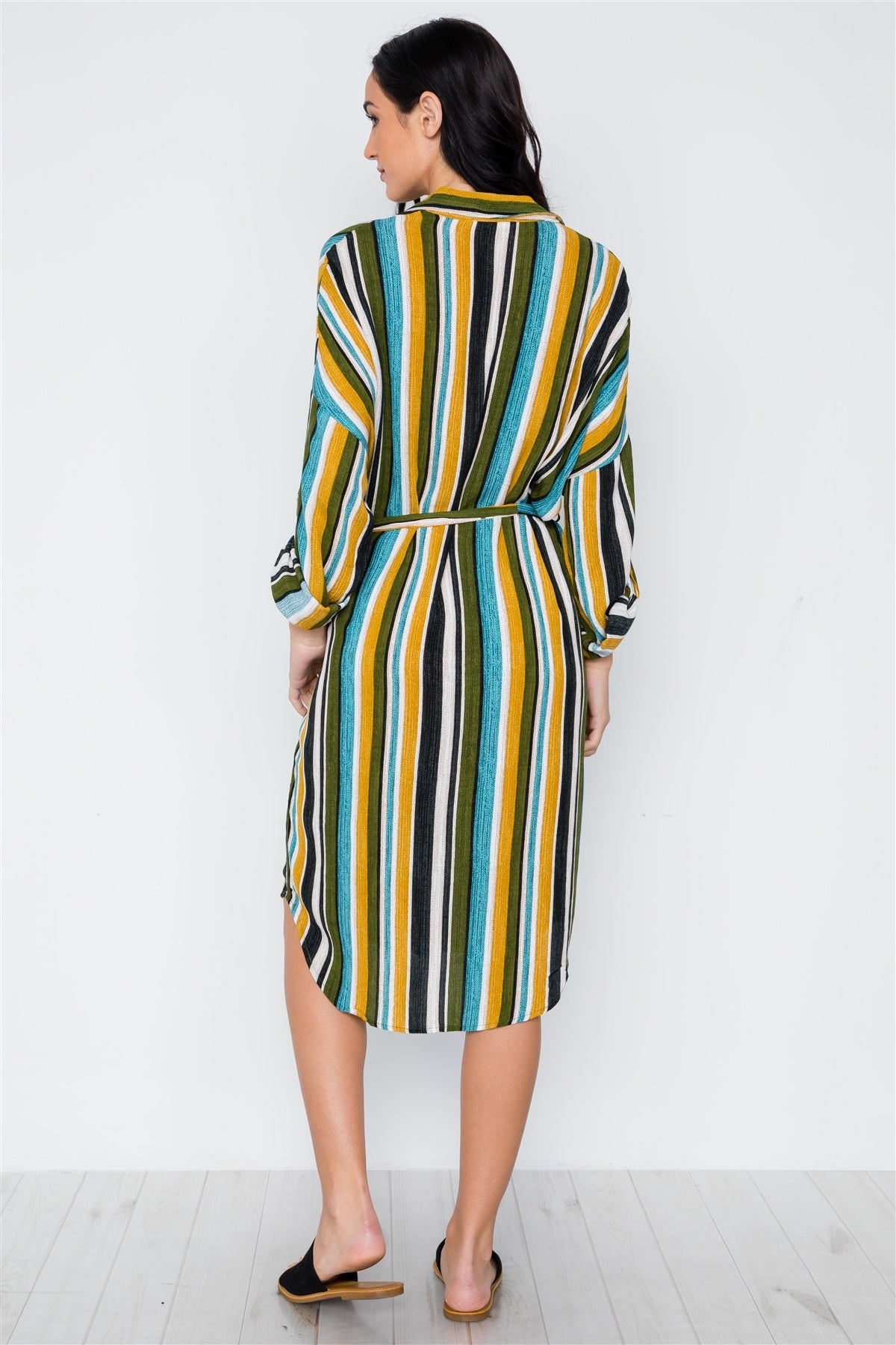 Black Mustard Olive Multi Stripe Button Down Shirt Dress