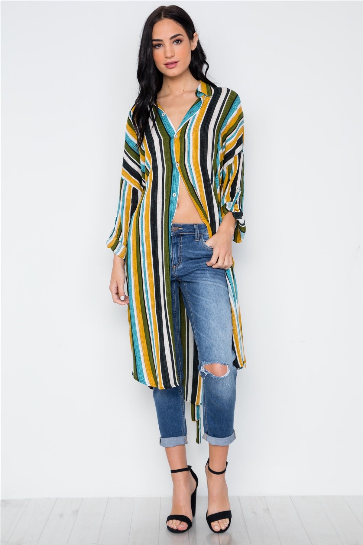 Black Mustard Olive Multi Stripe Button Down Shirt Dress