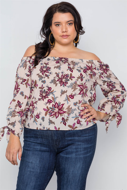 Plus Size Beigeoff-the-shoulder Floral Print Top