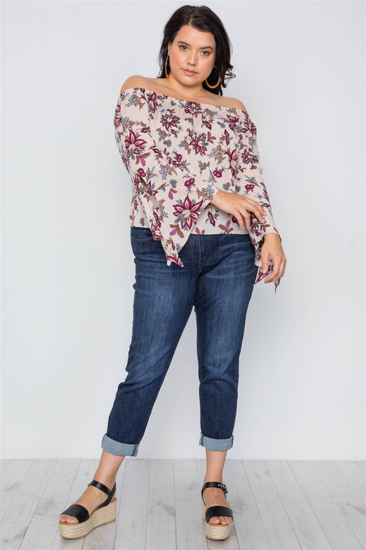 Plus Size Beigeoff-the-shoulder Floral Print Top