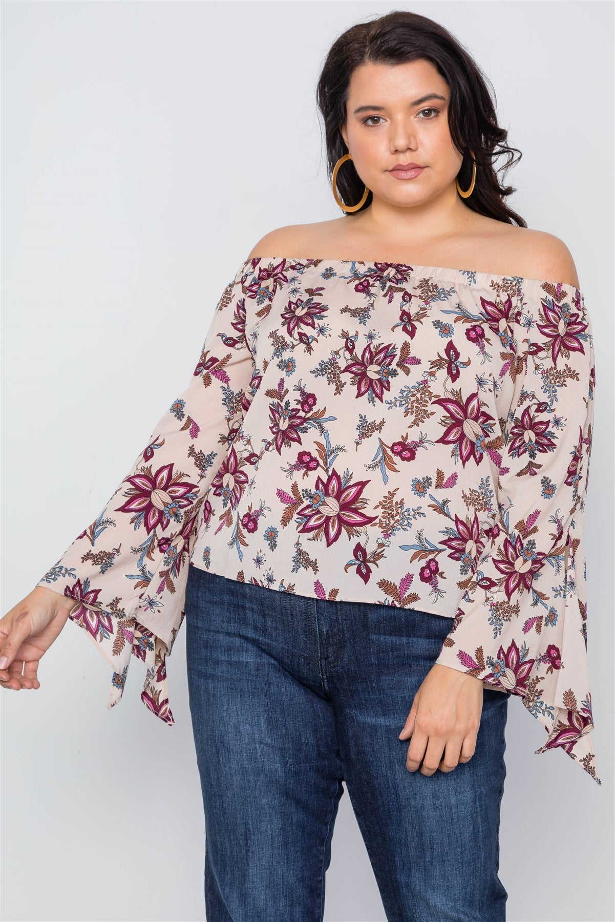 Plus Size Beigeoff-the-shoulder Floral Print Top