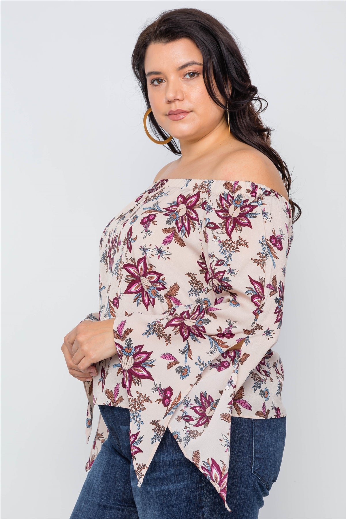Plus Size Beigeoff-the-shoulder Floral Print Top