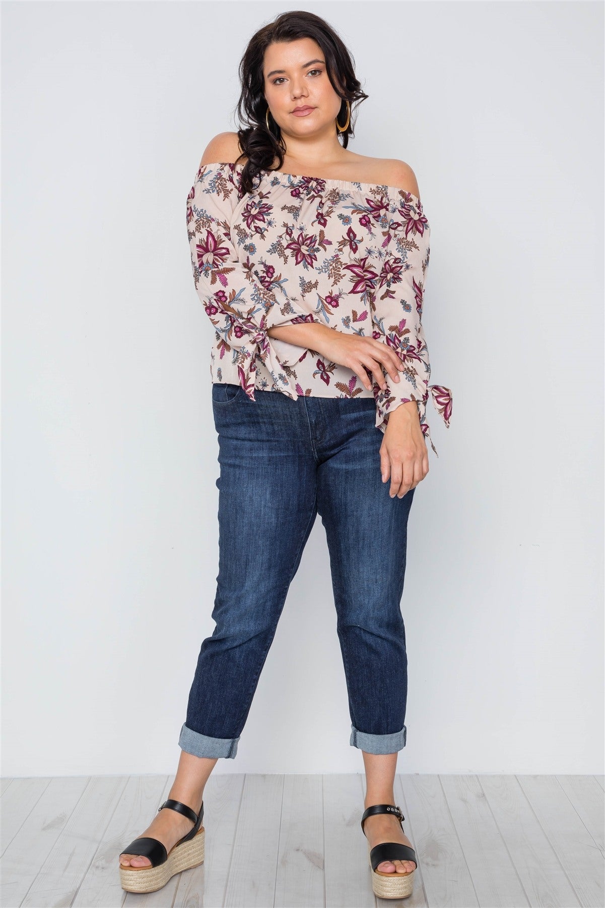 Plus Size Beigeoff-the-shoulder Floral Print Top