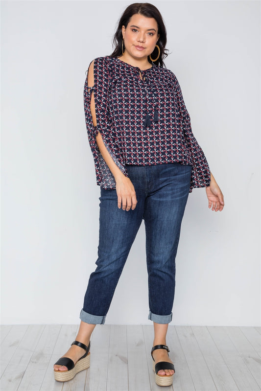 Plus Size Navy Multi Print Slit Self Tie Sleeves Top