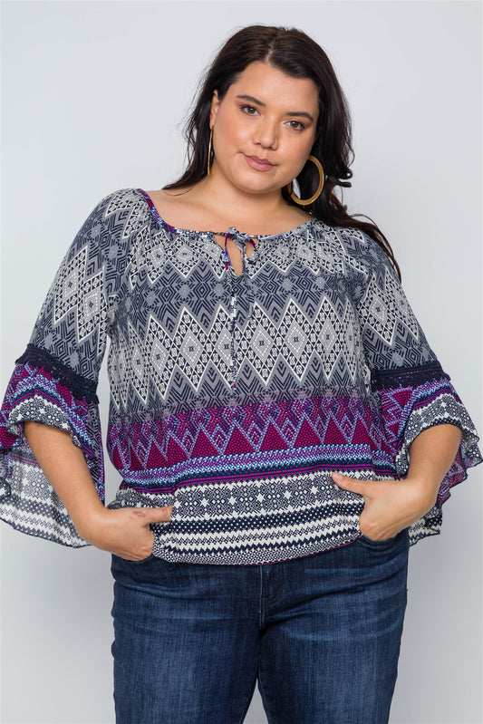 Plus Size Multi Print Bell Sleeve Boho Top
