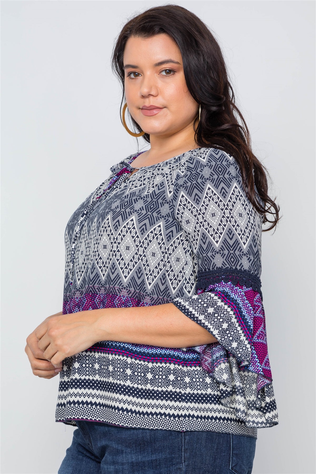 Plus Size Multi Print Bell Sleeve Boho Top