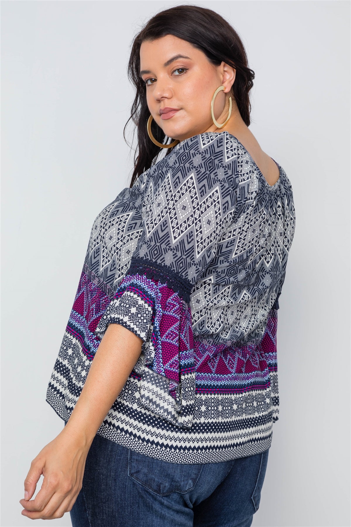 Plus Size Multi Print Bell Sleeve Boho Top