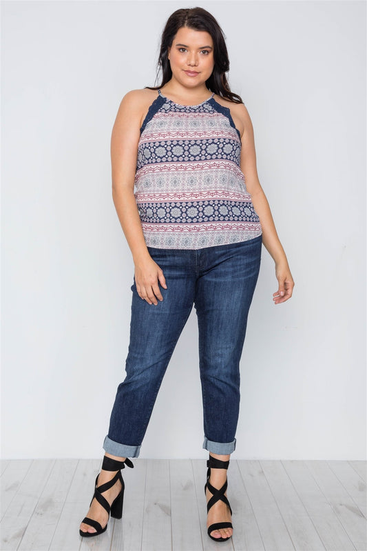 Plus Size Paisley Print Crochet Trim Cami Boho Top