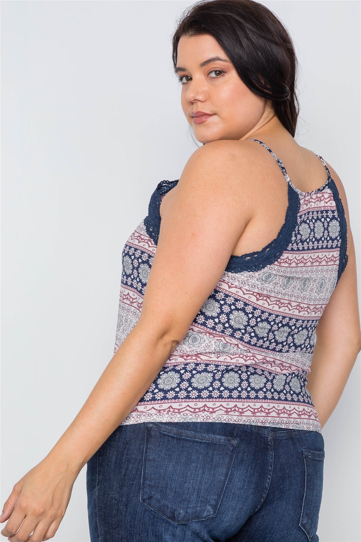 Plus Size Paisley Print Crochet Trim Cami Boho Top