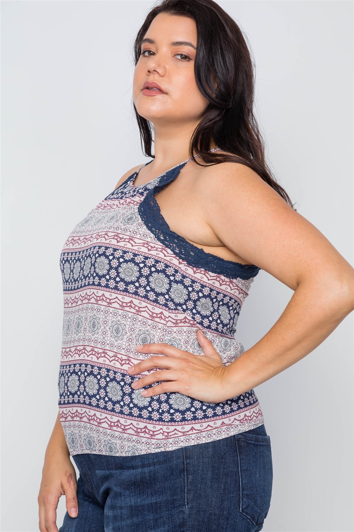 Plus Size Paisley Print Crochet Trim Cami Boho Top