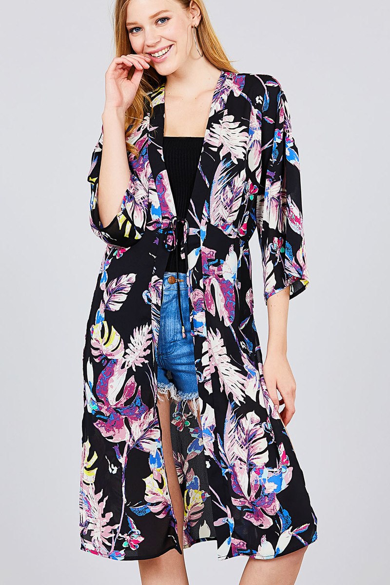 3/4 Dolman Sleeve Front Tie Side Slit Print Long Kimono