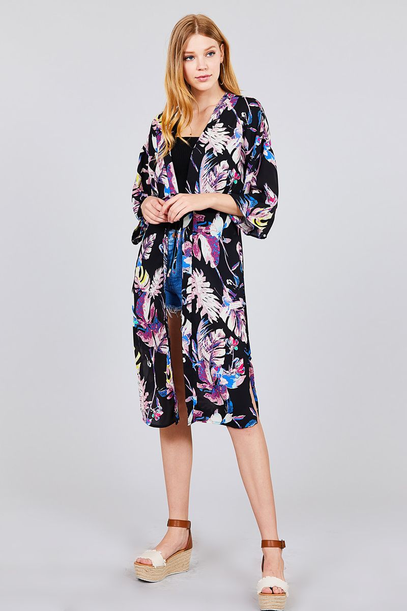 3/4 Dolman Sleeve Front Tie Side Slit Print Long Kimono