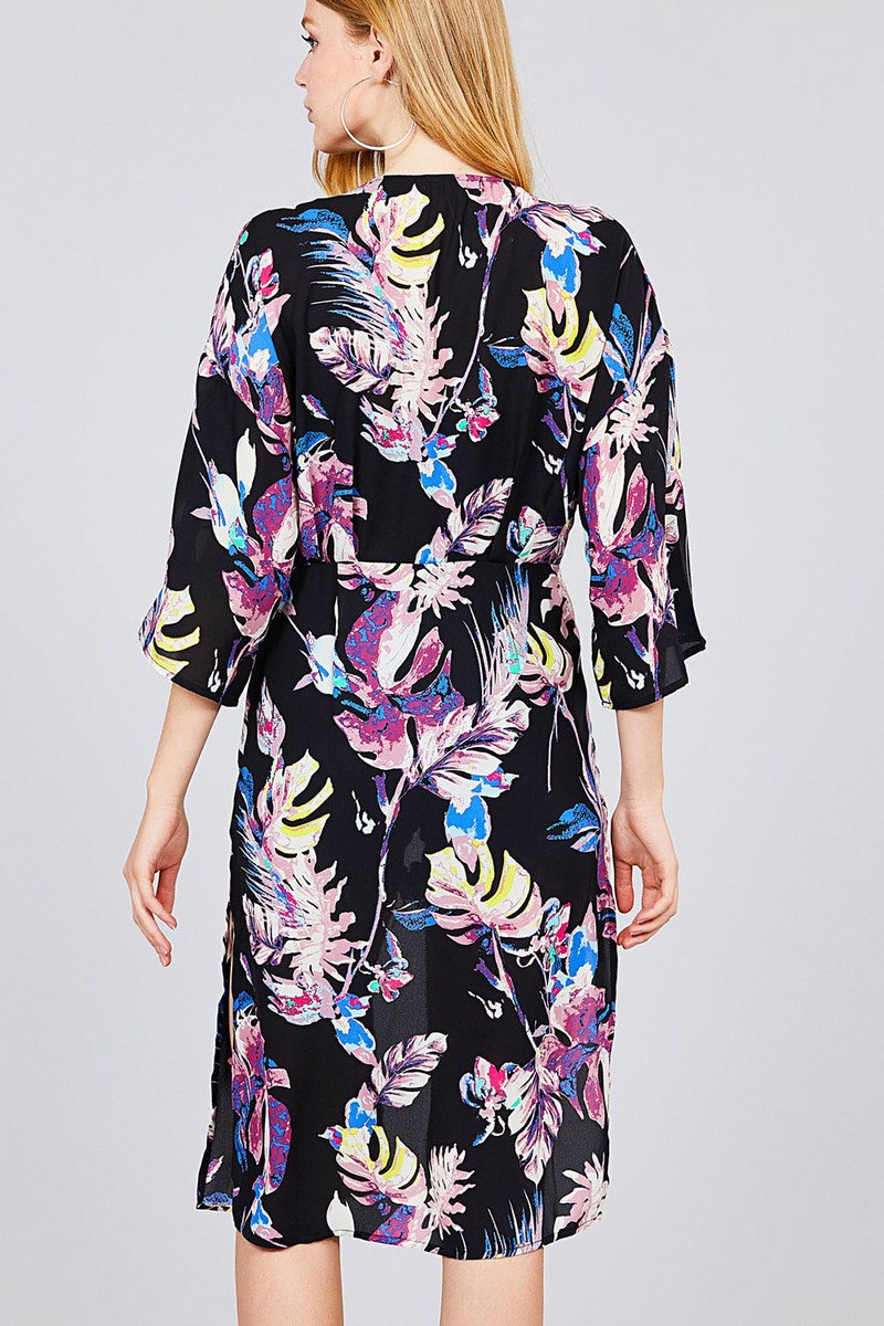 3/4 Dolman Sleeve Front Tie Side Slit Print Long Kimono