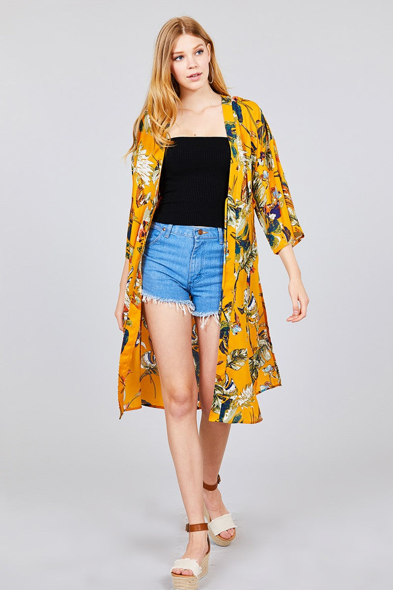 3/4 Dolman Sleeve Front Tie Side Slit Print Long Kimono