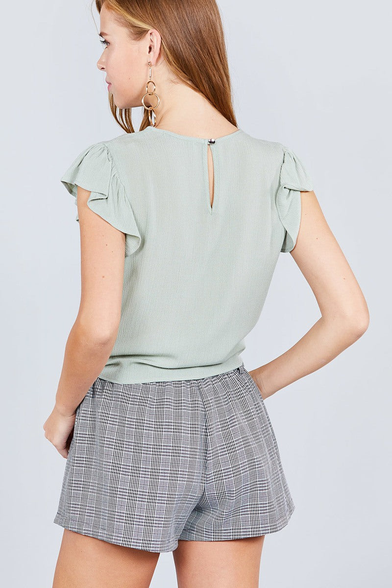 Ruffle Short Sleeve Front Tie Crinkle Gauze Woven Top