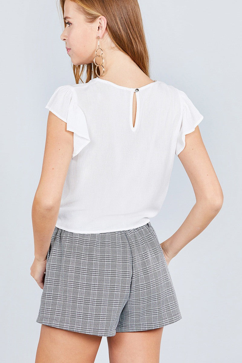 Ruffle Short Sleeve Front Tie Crinkle Gauze Woven Top