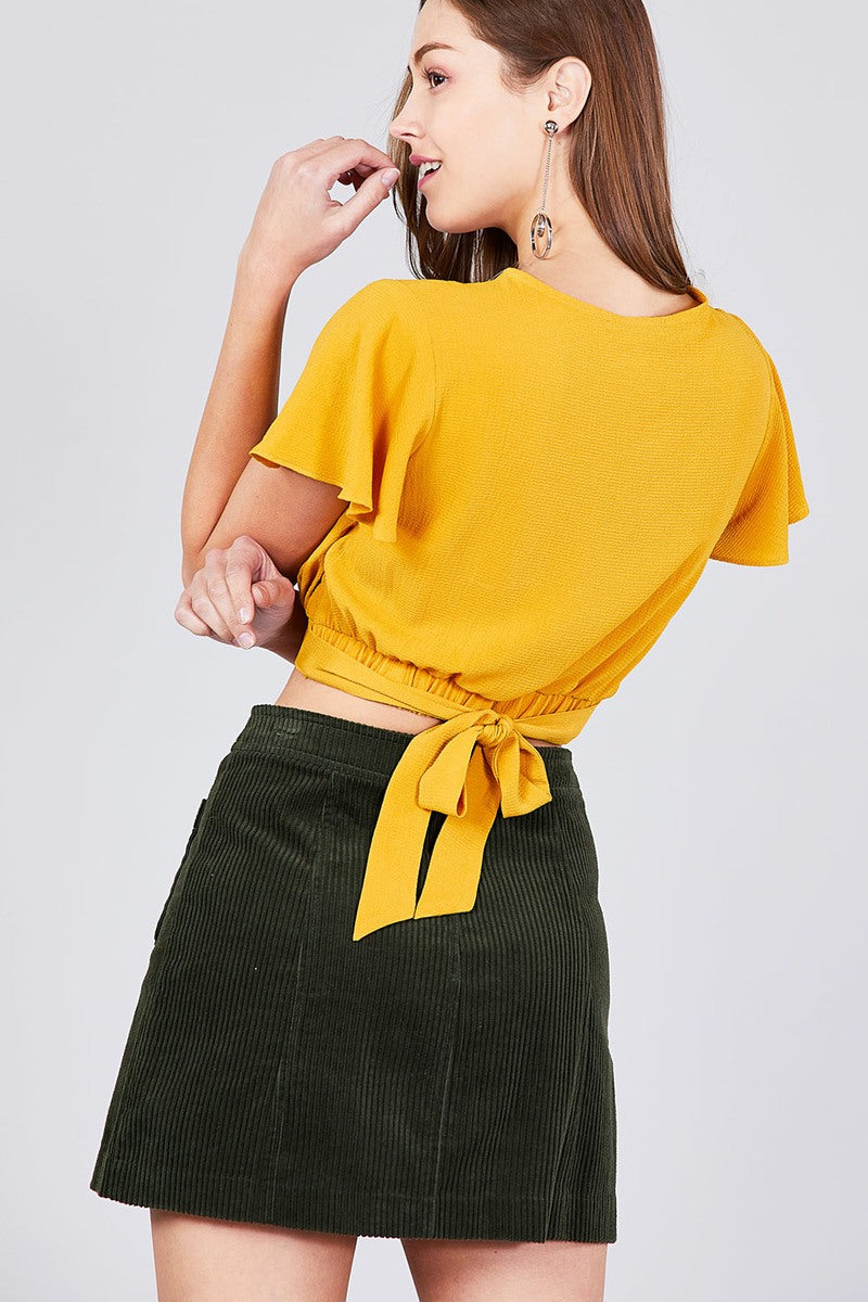 Short Sleeve V-neck W/surplice Tie Detail Woven Top