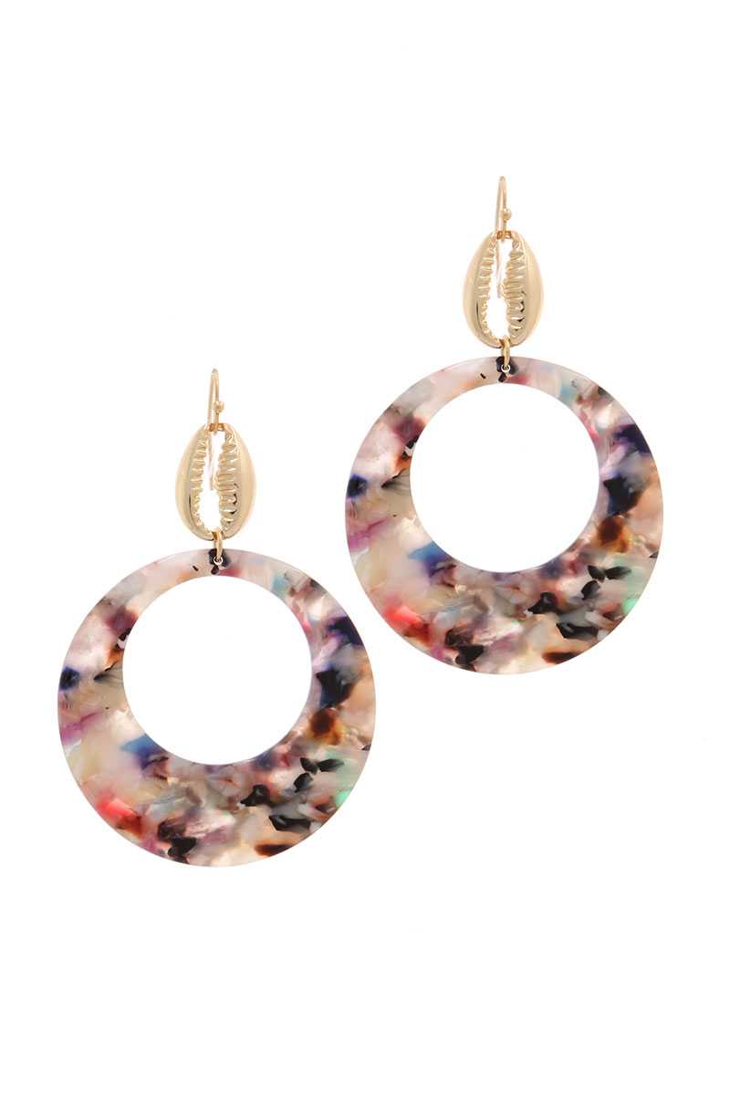 Acetate Circle Cowrie Seashell Charm Drop Earring