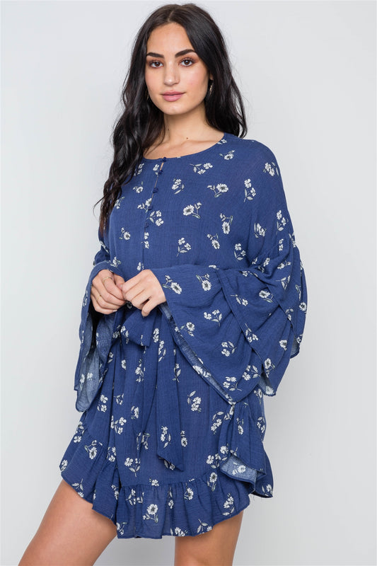 Floral Print Long Bell Sleeves Dress