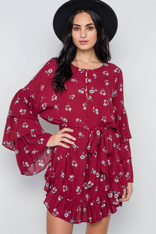 Floral Print Long Bell Sleeves Dress