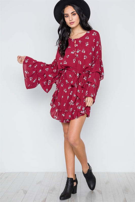 Floral Print Long Bell Sleeves Dress