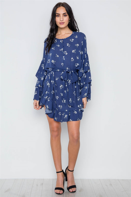 Floral Print Long Bell Sleeves Dress