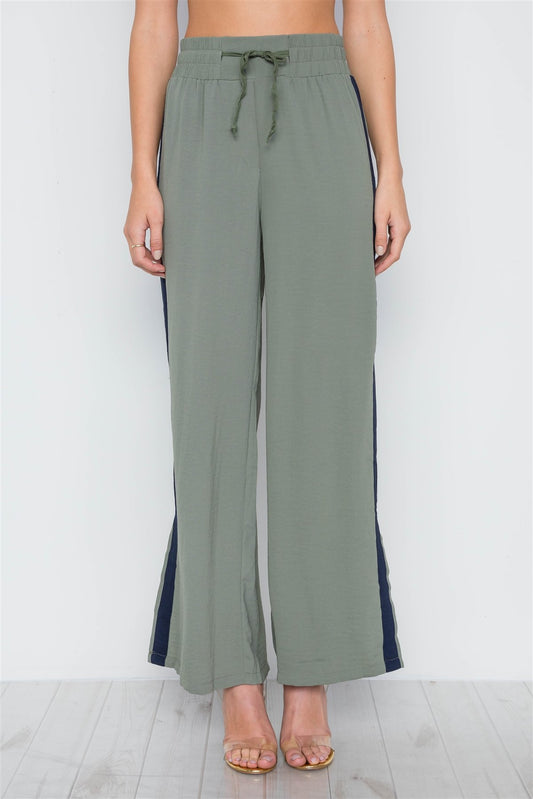 Contrast Trim Side Slit Wide Leg Casual Pants