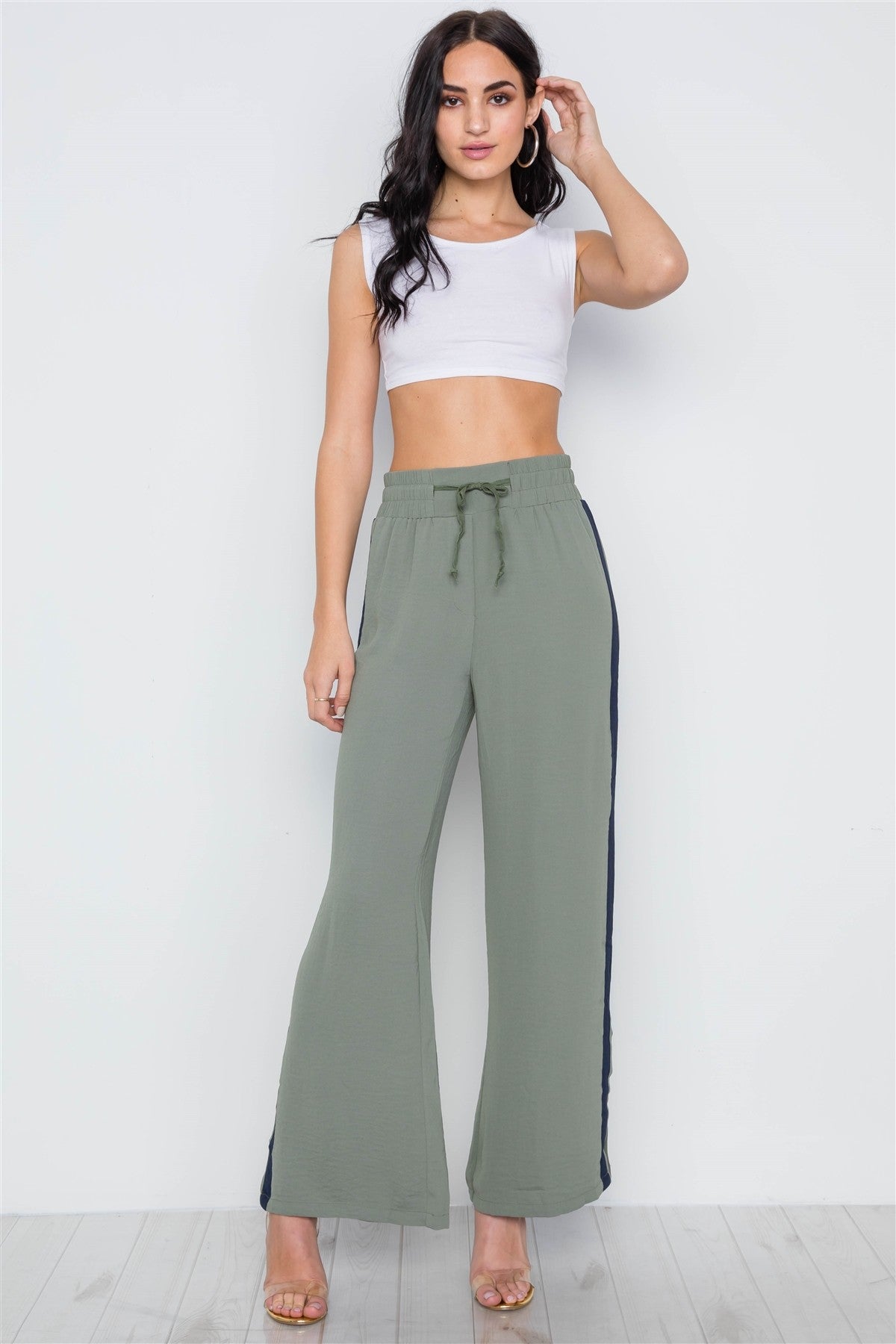 Contrast Trim Side Slit Wide Leg Casual Pants