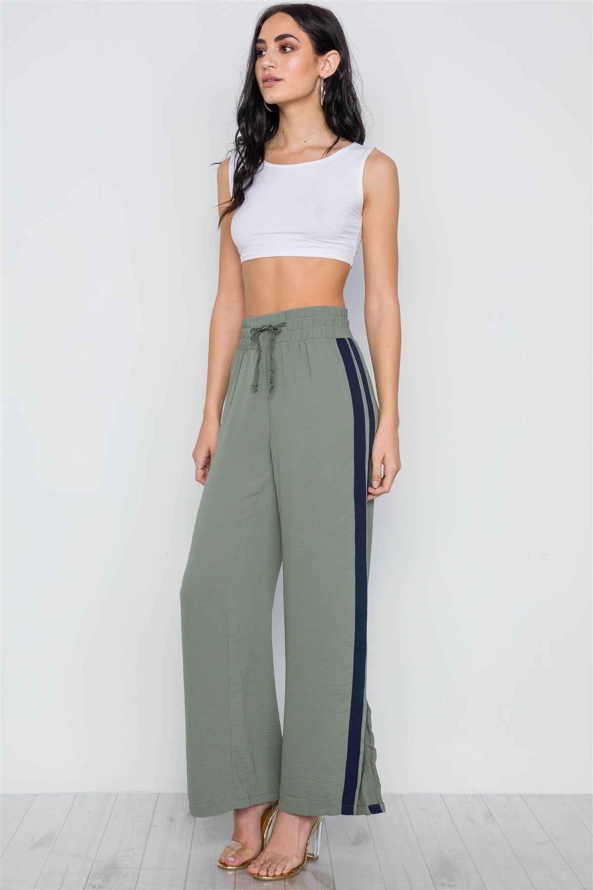 Contrast Trim Side Slit Wide Leg Casual Pants