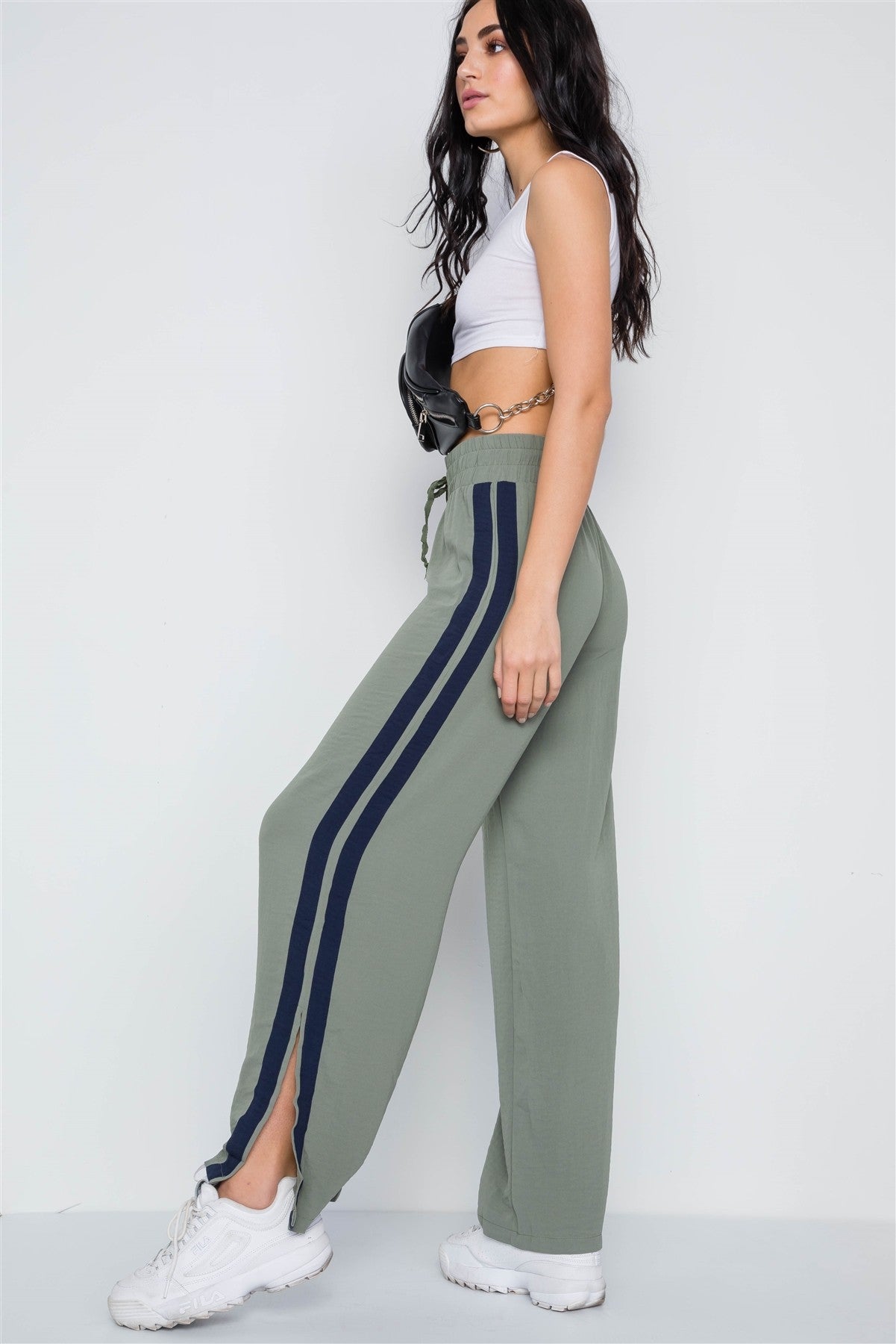 Contrast Trim Side Slit Wide Leg Casual Pants
