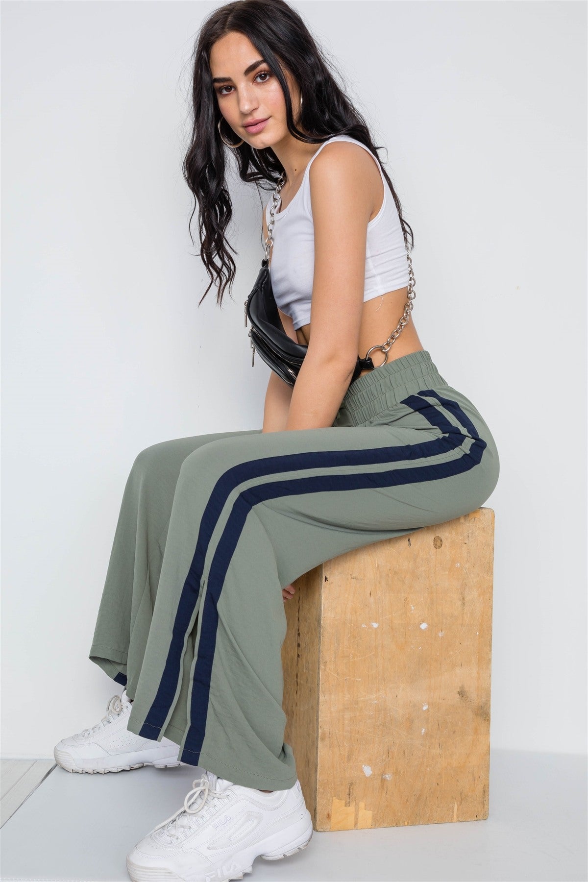 Contrast Trim Side Slit Wide Leg Casual Pants