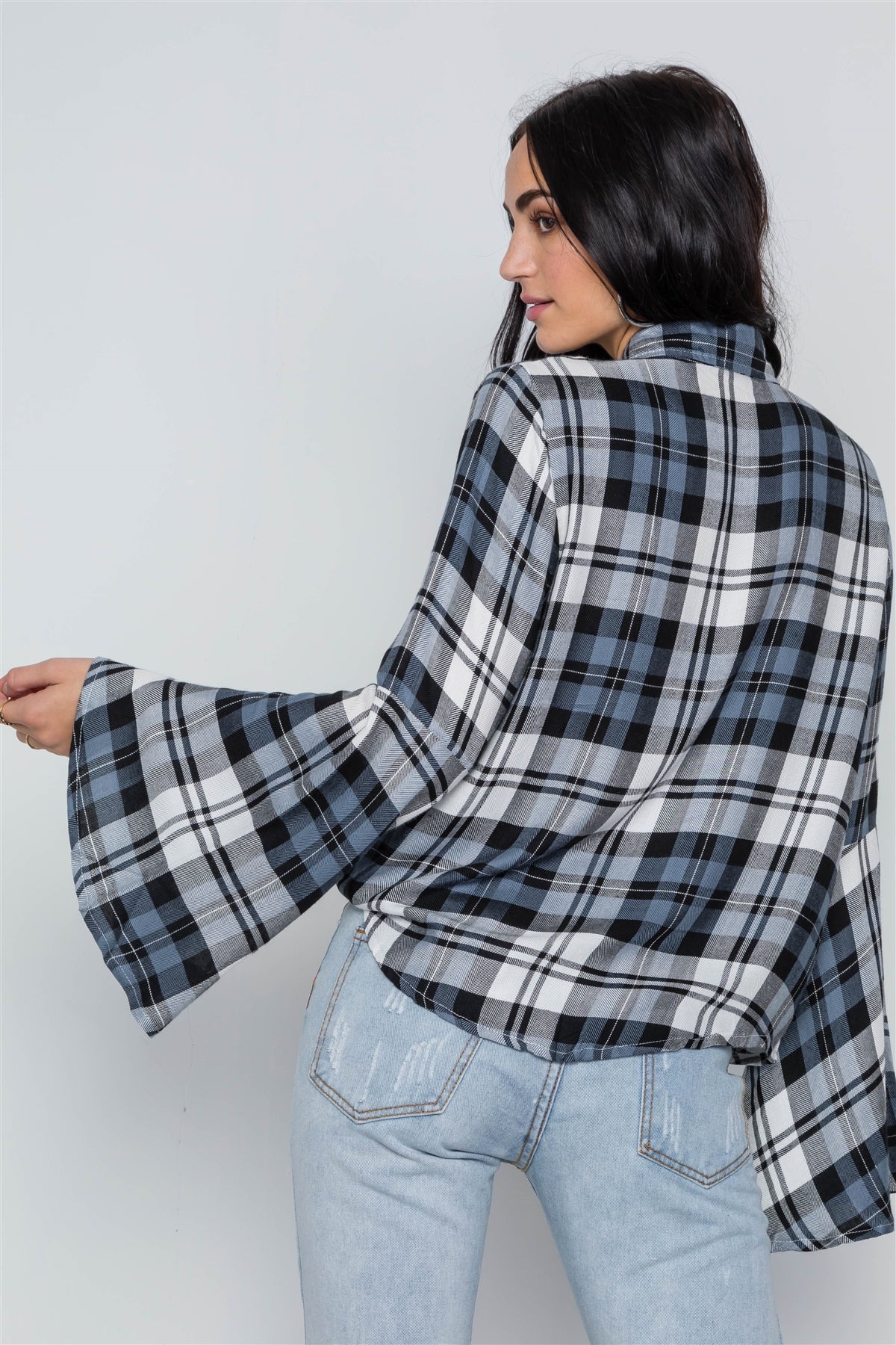 blue Plaid Button Down Bell Sleeve Top