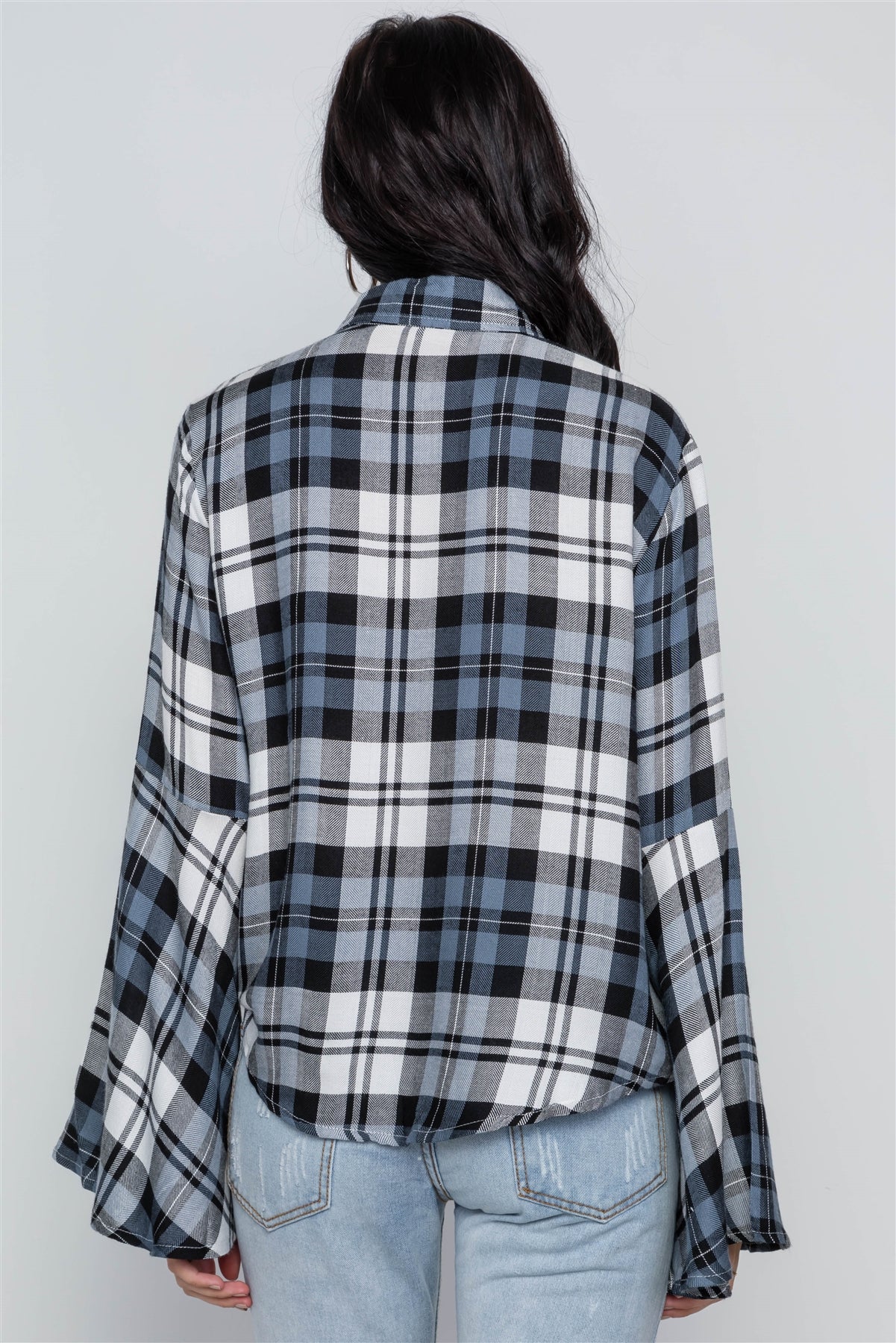 blue Plaid Button Down Bell Sleeve Top