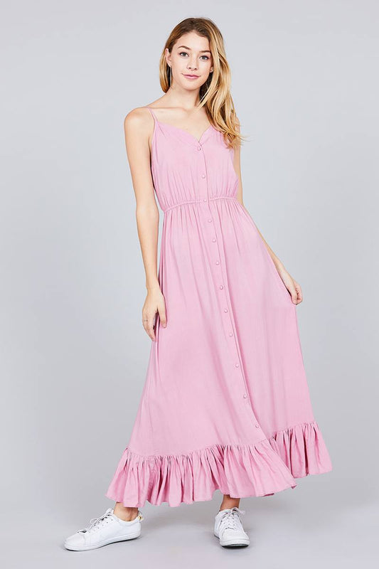 V-neck Button Down W/ruffle Hem Cami Maxi Dress