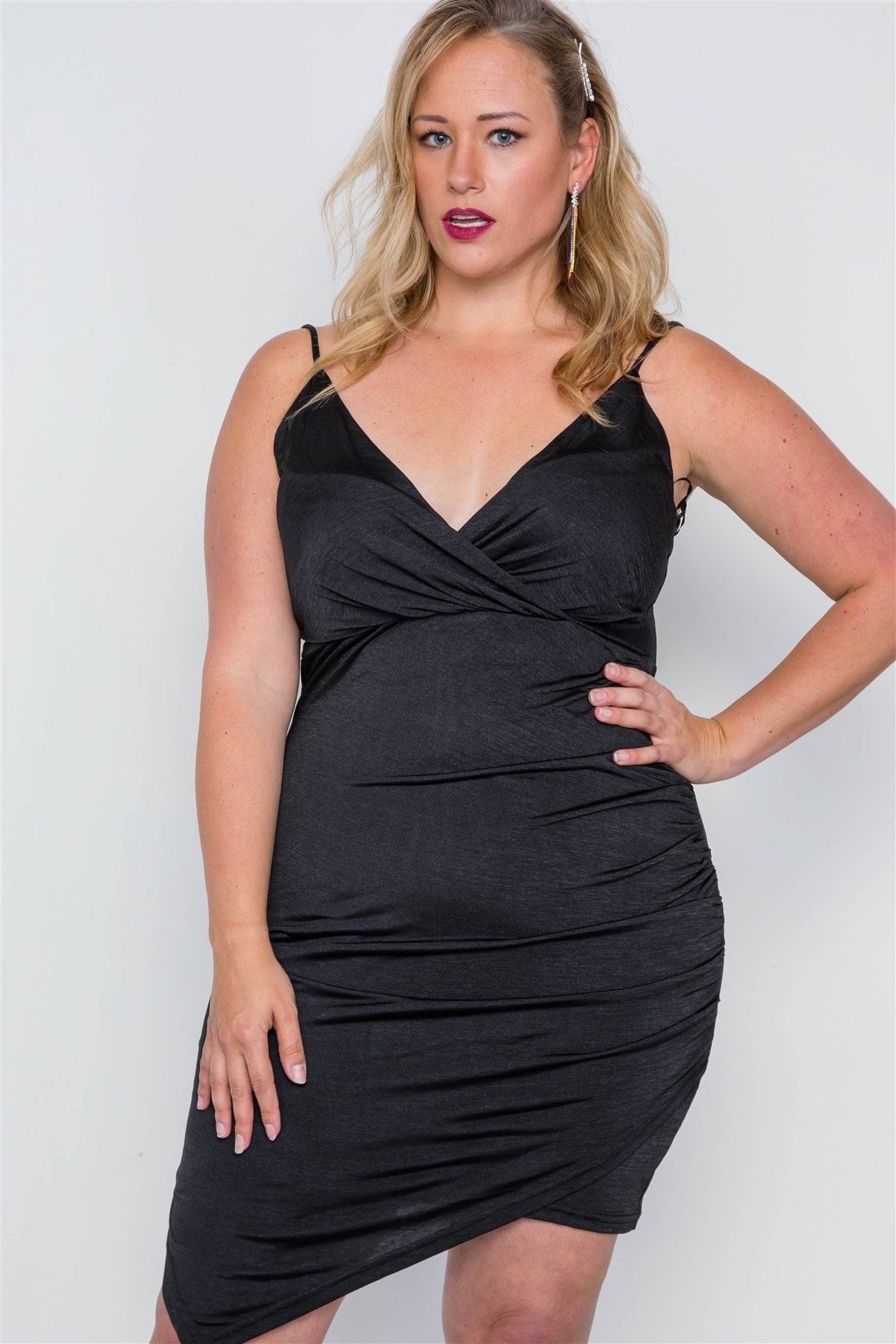 Plus Size Black Cami Surplice Bodycon Mini Dress